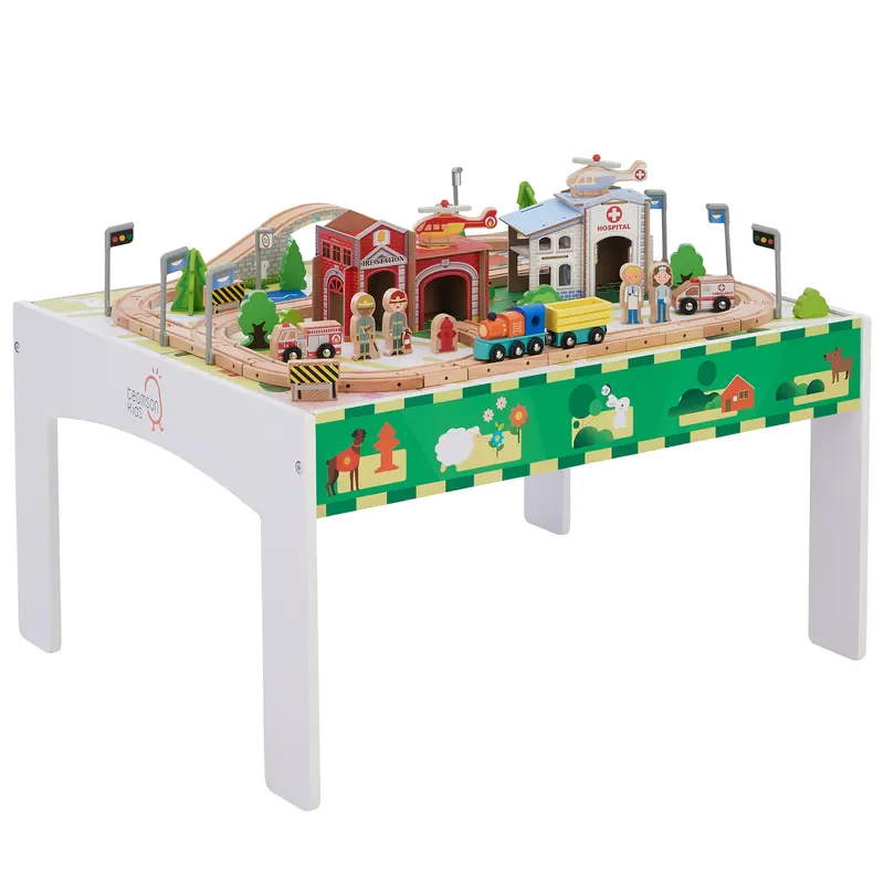 Teamson Kids Large Wooden Train Set with 85 Accessories, Table & Track (Brio Comp), White