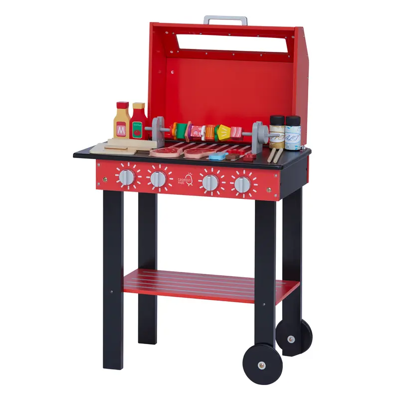 Teamson Kids Little Helper BBQ Grill Playset Toy with Interactive Features & 25 Accessories, Red