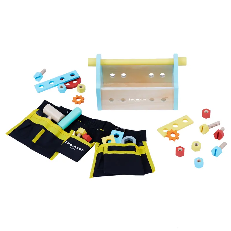Teamson Kids Little Helper Wooden Carrier Tool Box, Adjustable Tool Belt Utility Pouch and Carpenter Builder Accessories Set