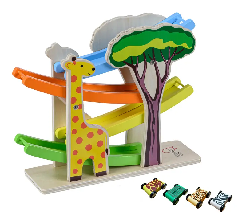 Teamson Kids Preschool Wooden Car Ramp Racer Toy, Click Clack Racetrack Garage with 4 Safari Cars