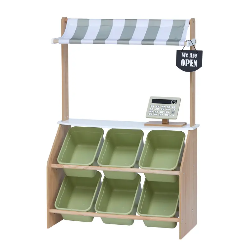 Teamson Kids Wooden Interactive Market Grocery Stand, Role Playset for Children with 6 Accessories