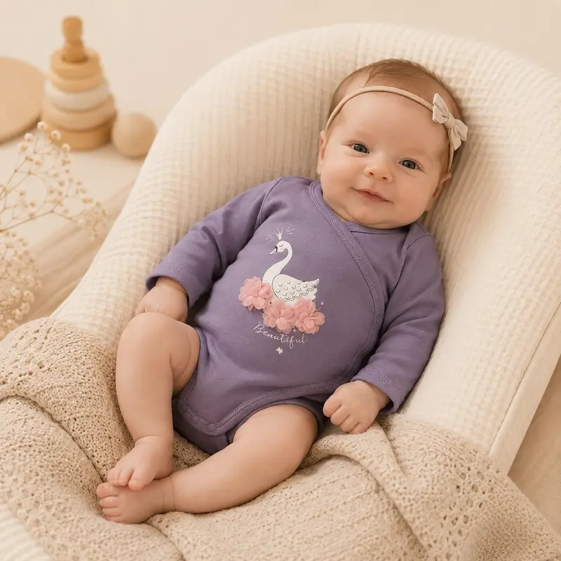 Tiny One Baby Girl Swan Romper - Purple Organic Cotton