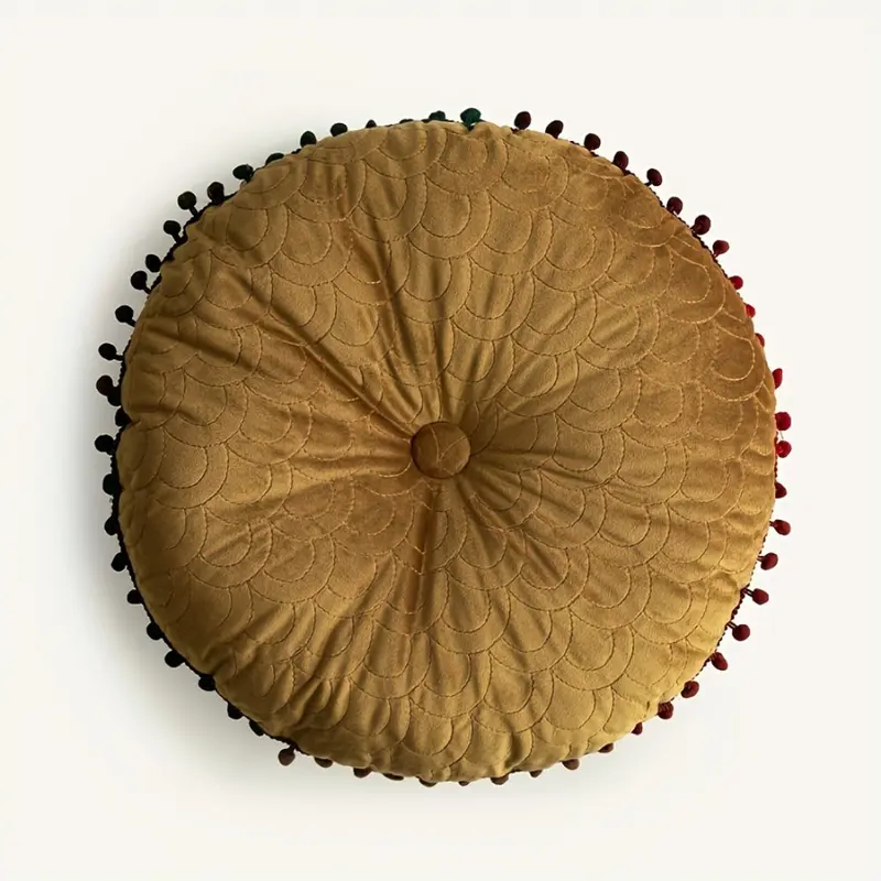 Vellora Rond Kussen - Vintage Gewatteerd Fluweel, Met Pompons