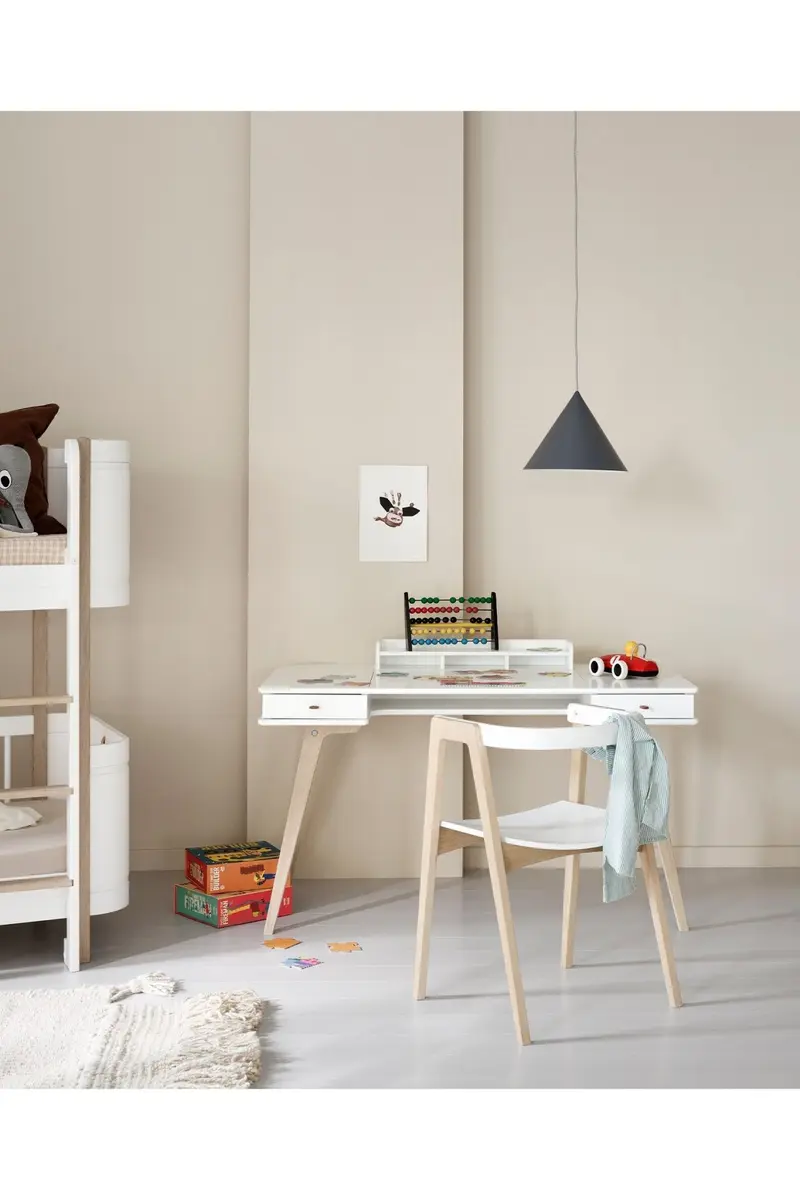 Wood desk 66 cm & armchair set, white/oak