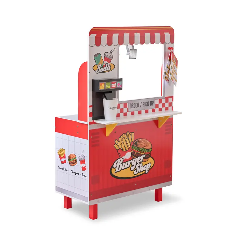 Wooden Play Burger Shop with 29 Accessories, Red - Flip & Fry Teamson Kids